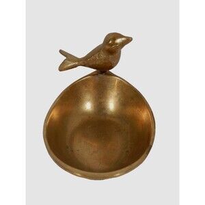 Bird on Oval Soap Dish Trinket Bowl Brass Colored Unmarked